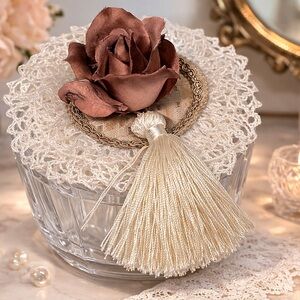 Luxury Soft Powder Puff In Vintage Acrylic Dish Great Boudoir Gift Handmade